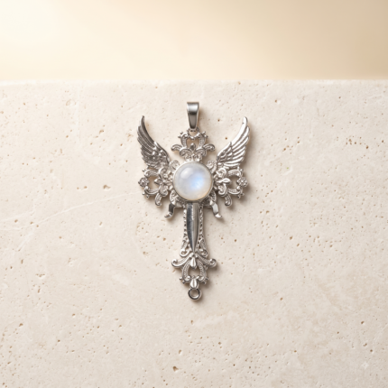 Moonstone Gothic Angel Wing Cross Pendant