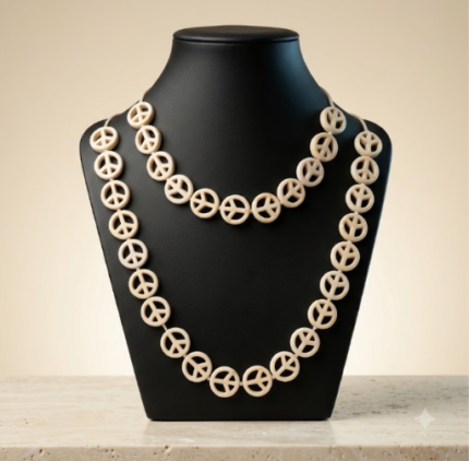 Carved White Howlite Stone Peace Sign Bead Necklace