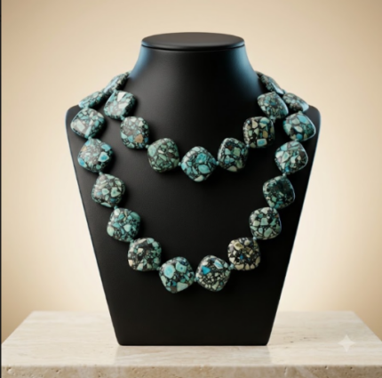 Double Strand Mosaic Turquoise Chunk / Block Bead Statement Necklace