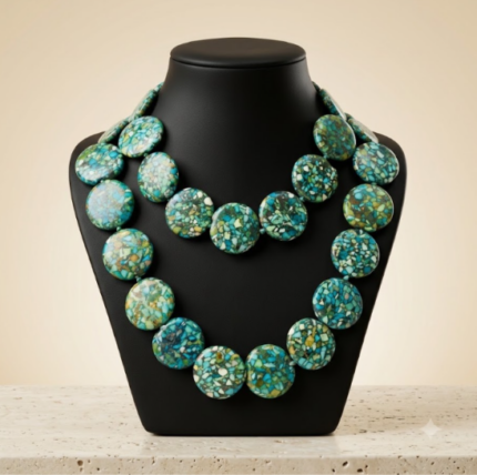 Double Strand Mosaic Turquoise Flat Round Bead Necklace