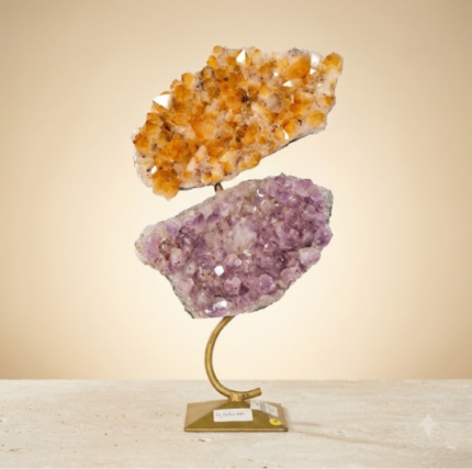 2-Tier Amethyst and Citrine Crystal Cluster on a Metal Stand