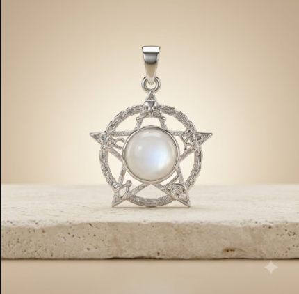Sterling Silver Pentagram Pendant set with a round Moonstone cabochon in the center