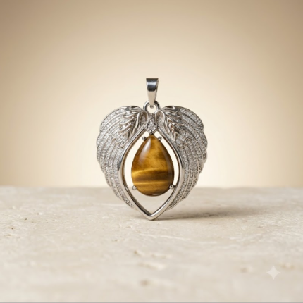 Natural Tiger Eye Angel Wing Heart Pendant