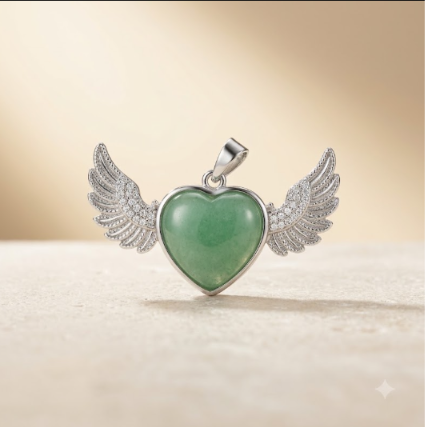 Natural Green Aventurine (or Green Jade) Angel Wings Heart Pendant
