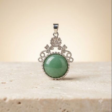 Natural Green Aventurine Round Cabochon Pendant.