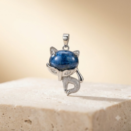 925 Sterling Silver Blue Kyanite Nine-Tailed Fox Pendant Necklace
