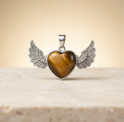 Natural Tiger's Eye Angel Wings Heart Shape Pendant.