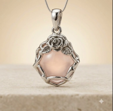 sterling silver rose quartz rose pendant
