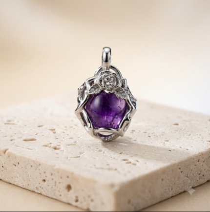 Handcrafted Amethyst Rose Filigree Pendant