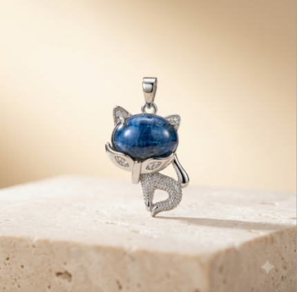 Silver Fox Pendant Locket Featuring a Blue Gemstone